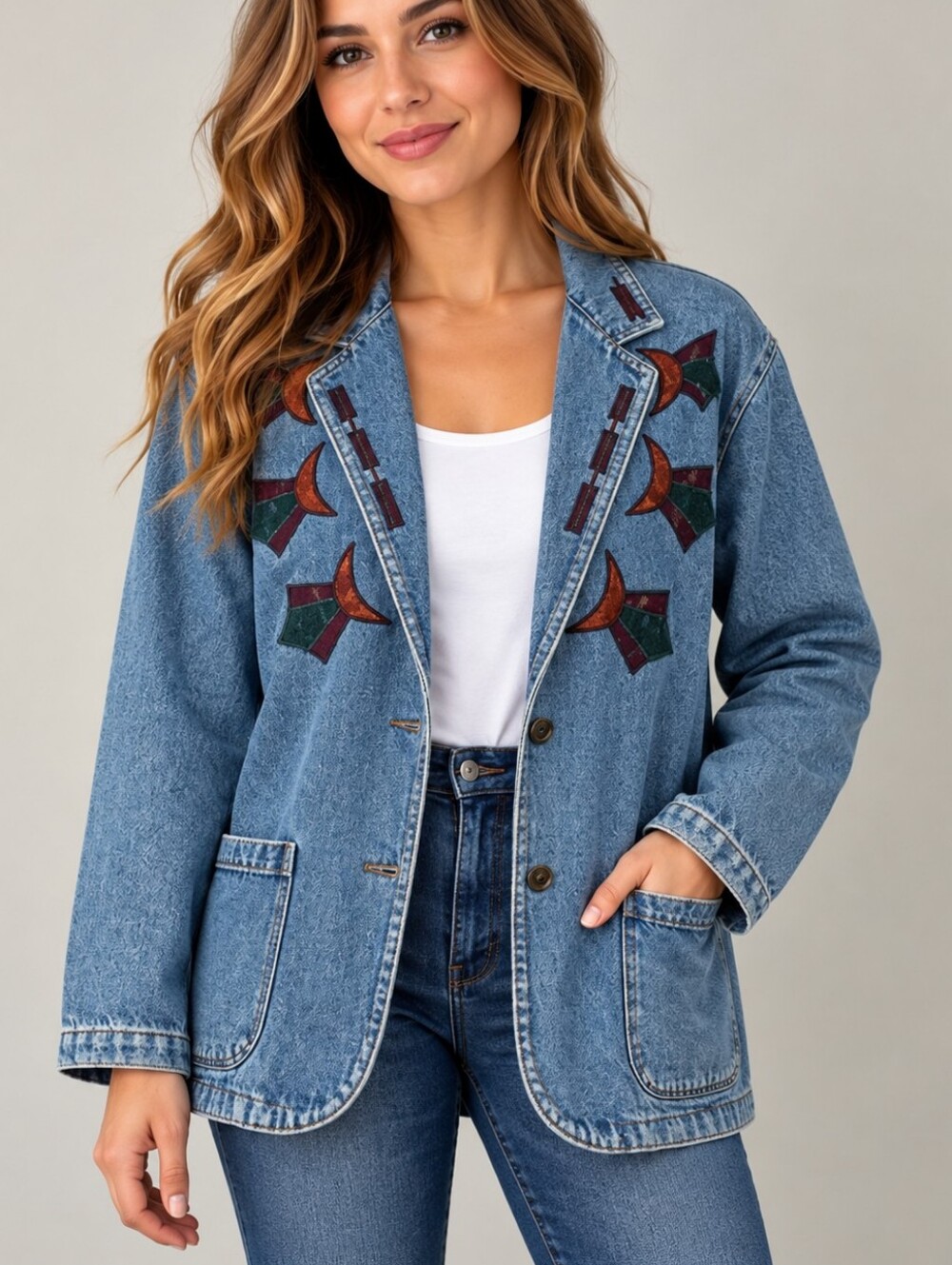 VTG SUNBELT 1980s Denim Oversized Southwestern Applique Topper Jacket